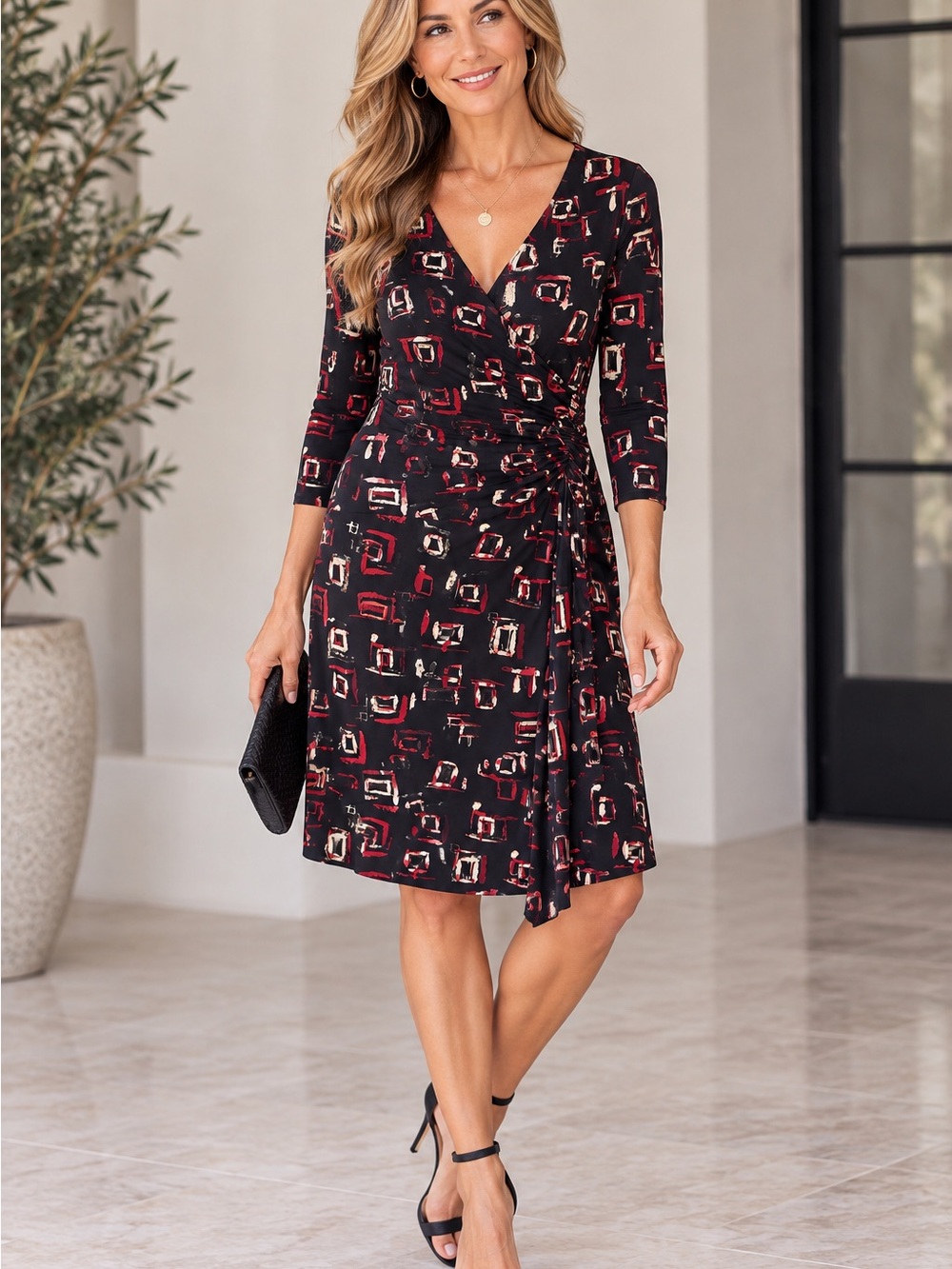 Jones Studio Black Wrap Dress with Red and Cream Abstract Print